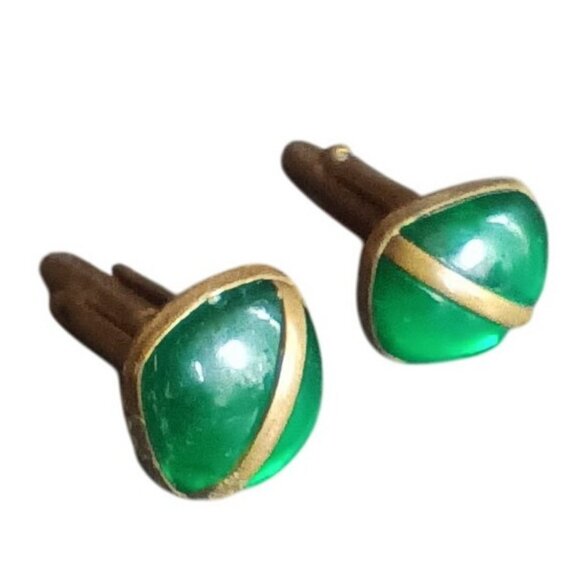 Vintage Gold-Tone & Green Glass Dome Cufflinks - Picture 2 of 4